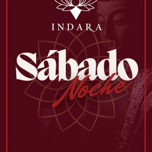 Cartel promocional de la fiesta del sábado noche en Indara Club Pamplona, con DJs, luces y ambiente festivo.