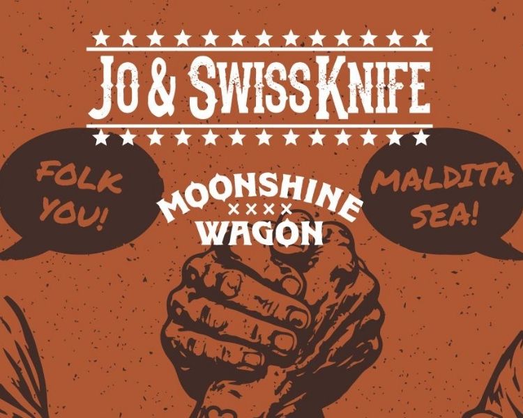Cartel del concierto de Jo & Swiss Knife y Moonshine Wagon en Indara Club Pamplona con estética folk.