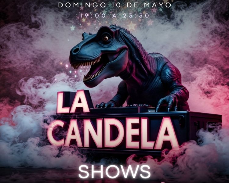 Cartel de evento La Candela en Indara con dinosaurio DJ, humo y luces, anunciando shows de baile latino.
