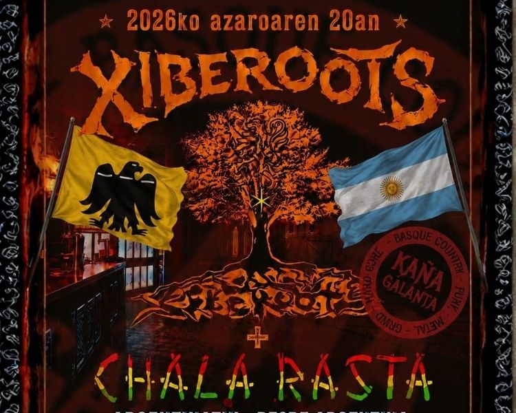 Cartel del concierto de Xiberoots y Chala Rasta en Indara Aretoan Pamplona el 20 de noviembre de 2026