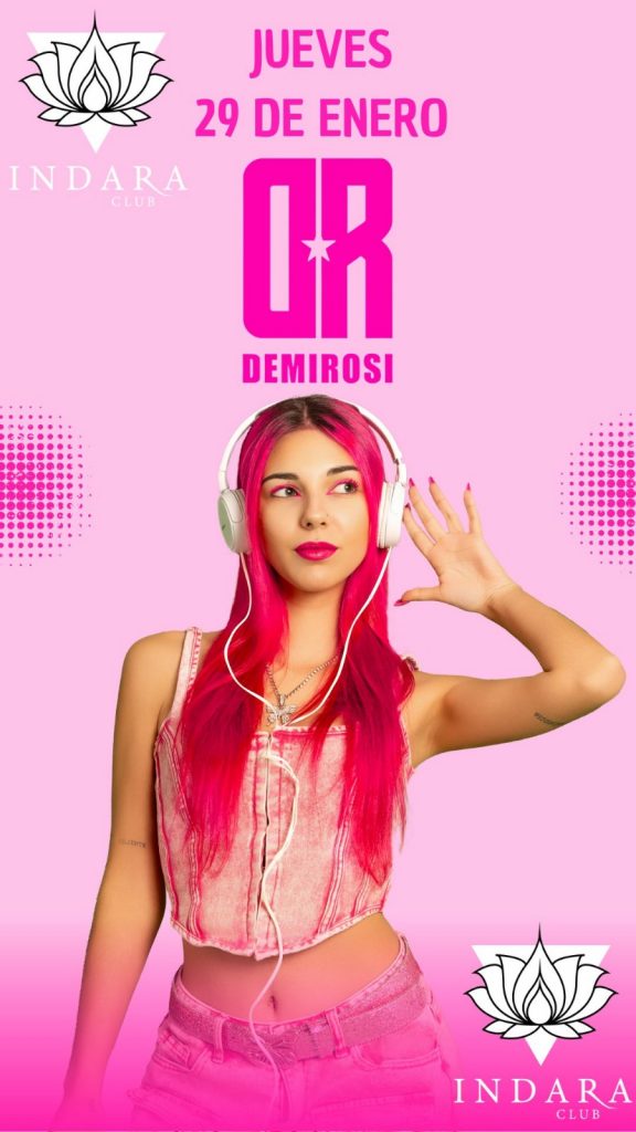 Cartel de DJ Demirosi en Indara Club Pamplona con estética rosa y fondo rosa.