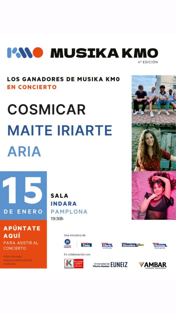 Cartel de Musika KM 0 en Concierto con imágenes de Cosmicar, Maite Iriarte y Aria en Indara Club.