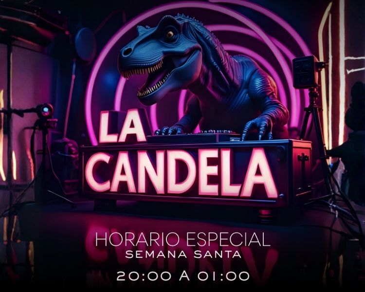 Evento La Candela en Indara Pamplona con temática de música latina, DJ y ambiente de fiesta con luces neón.