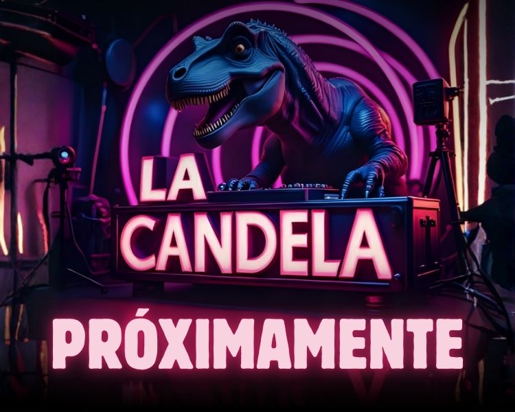 Imagen promocional de La Candela en Indara con un dinosaurio como DJ y el mensaje próximamente.