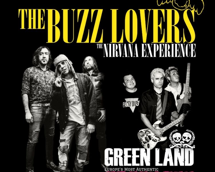 Cartel del concierto en Indara Club de The Buzz Lovers, tributo a Nirvana, y Green Land, tributo a Green Day, en Pamplona.