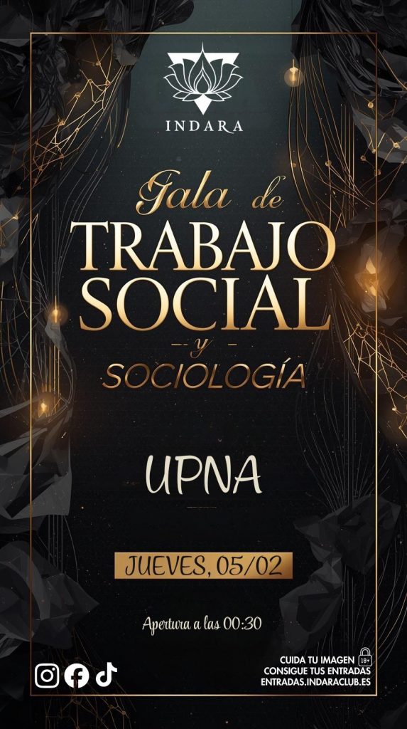 Cartel de la Gala de Trabajo Social y Sociología de la UPNA en Indara Club, fiesta universitaria en Pamplona.