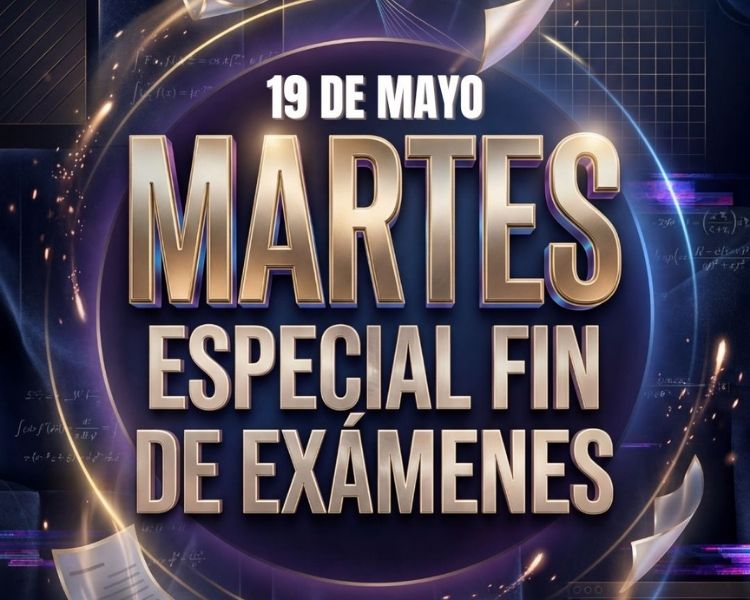 Cartel de fiesta universitaria fin de exámenes en Indara Pamplona con diseño moderno y hojas volando.