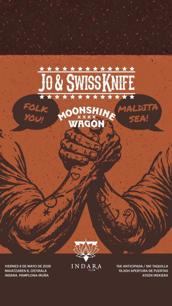 Cartel del concierto de Jo & Swiss Knife y Moonshine Wagon en Indara Club Pamplona con estética folk.