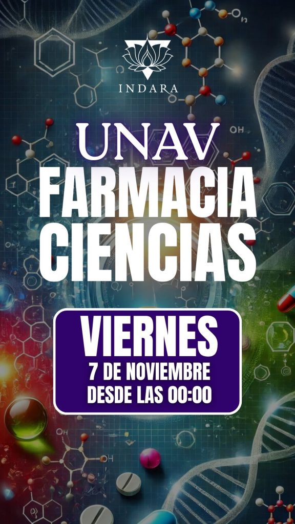 Cartel de la fiesta UNAV Farmacia y Ciencias en la Sala Indara de Pamplona el 7 de noviembre de 2025, evento universitario con entrada desde medianoche.