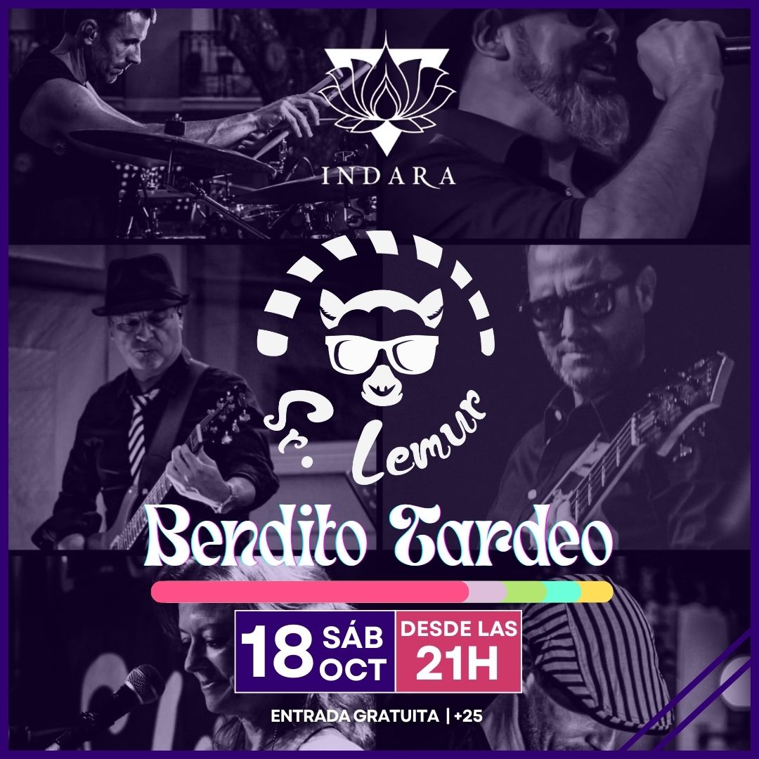 Cartel promocional que anuncia el la llegada del grupo en vivo "Sr Lemur" después del verano, destacando grandes exitos musicales.