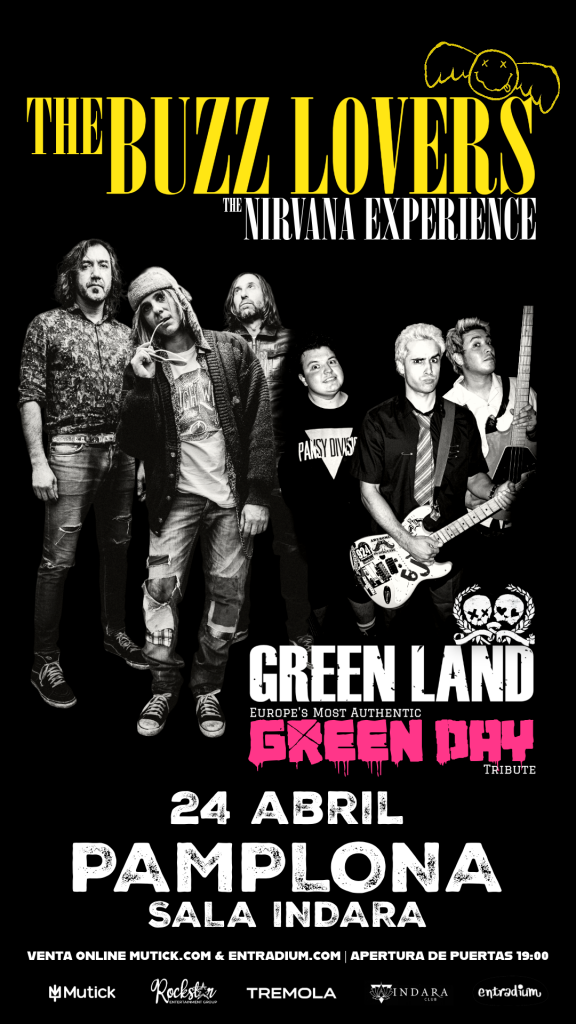 Cartel del concierto en Indara Club de The Buzz Lovers, tributo a Nirvana, y Green Land, tributo a Green Day, en Pamplona.