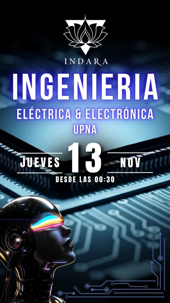 Cartel de la fiesta de Ingeniería Eléctrica y Electrónica de la UPNA en la Sala Indara de Pamplona el 13 de noviembre de 2025, con entrada desde medianoche.