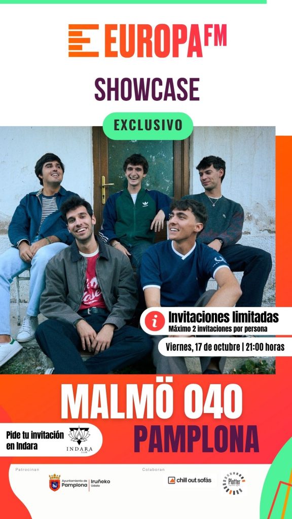 Cartel del showcase de Malmö 040 en la Sala Indara de Pamplona el 17 de octubre de 2025, evento exclusivo de Europa FM.