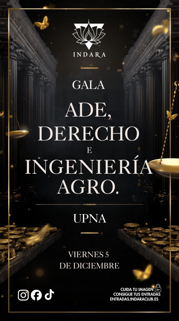 Cartel de la gala de ADE, Derecho e Ingeniería Agro de la UPNA en Sala Indara, evento del 5 de diciembre.