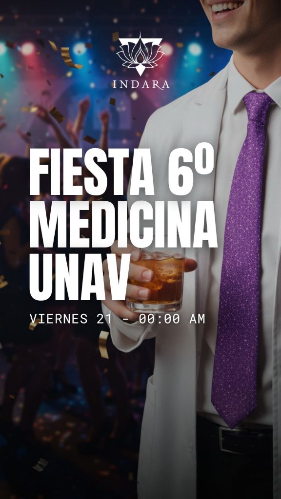 Cartel de la fiesta UNAV Medicina en la Sala Indara de Pamplona el 21 de noviembre de 2025, evento universitario con entrada desde medianoche.