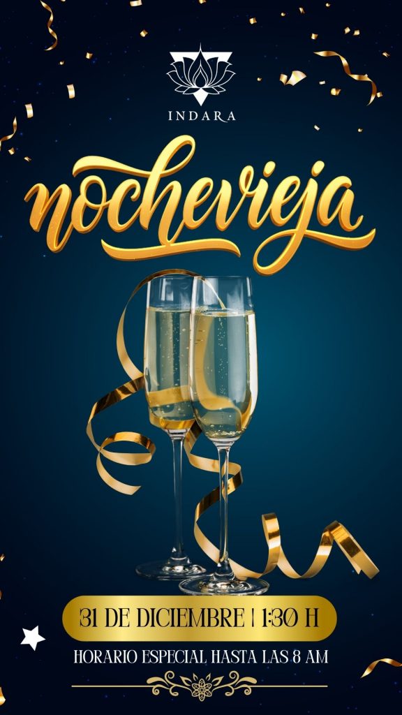 Cartel de la fiesta de Nochevieja 2025 en la Sala Indara de Pamplona el 31 de diciembre, con apertura desde la 1:30 AM y horario hasta las 8:00 AM.