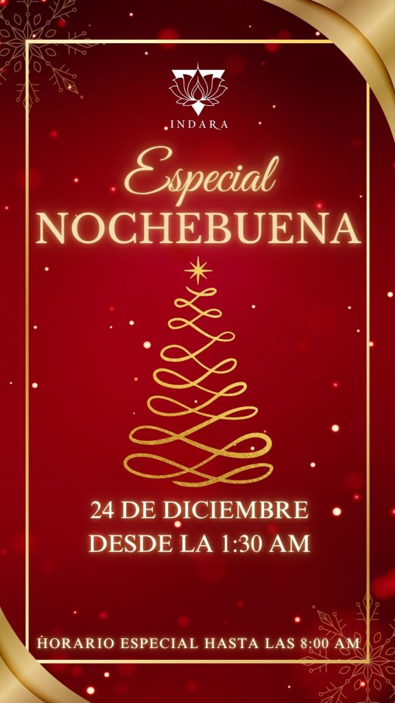 Cartel del evento Especial Nochebuena en la Sala Indara de Pamplona el 24 de diciembre de 2025, con apertura desde la 1:30 AM y horario hasta las 8:00 AM.