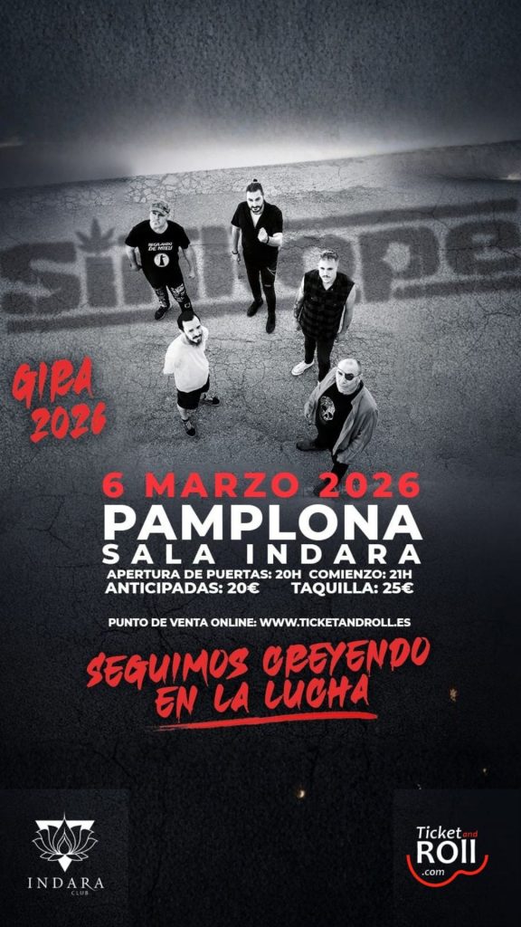 Cartel del concierto de Sínkope en Pamplona, Sala Indara, con fecha 6 de marzo de 2026 y detalles de entradas y horarios.