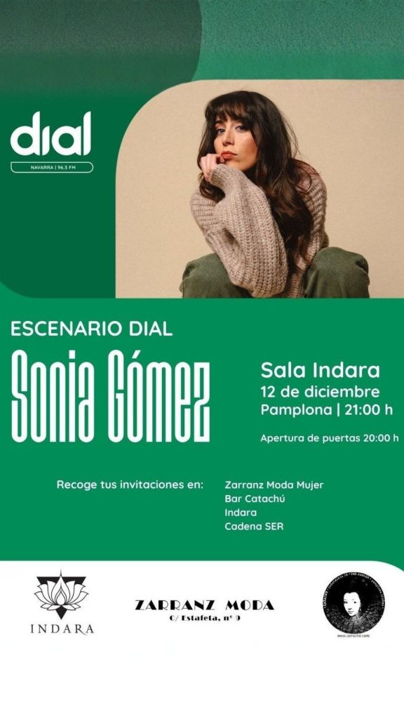 Cartel promocional del concierto de Sonia Gómez en Escenario Dial, el 12 de diciembre en la Sala Indara de Pamplona.
