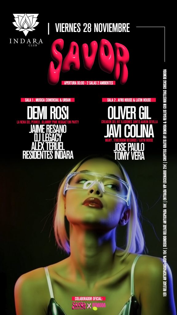 Cartel del evento SAVOR en la Sala Indara el viernes 28 de noviembre, con DJs invitados y dos salas con música urban y afro house.