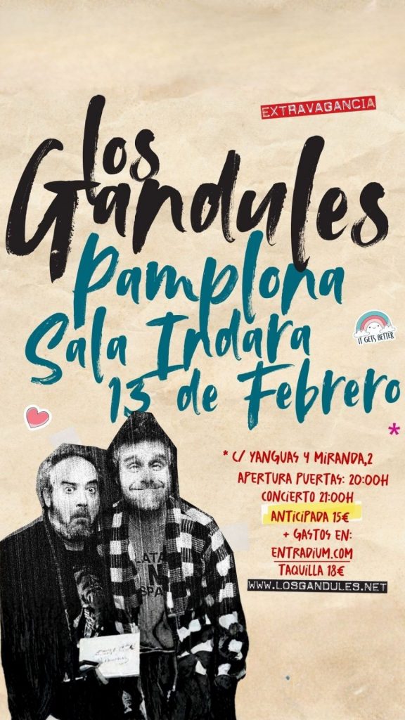Cartel del concierto de Los Gandules en Pamplona en Sala Indara el 13 de febrero dentro de la gira Extravagancia.