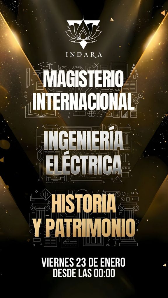Cartel dorado de fiesta universitaria en Indara Club para Magisterio Internacional, Ingeniería Eléctrica e Historia y Patrimonio.