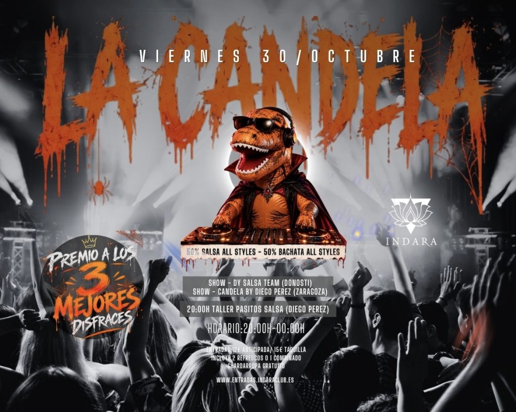Cartel de La Candela Halloween en Indara Pamplona el 30 de octubre de 2026, con shows de baile, salsa, bachata y concurso de disfraces.